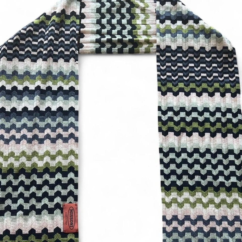 Missoni Zigzag Chevron Knit Scarf Black White Olive Green Made in Italy Fringe